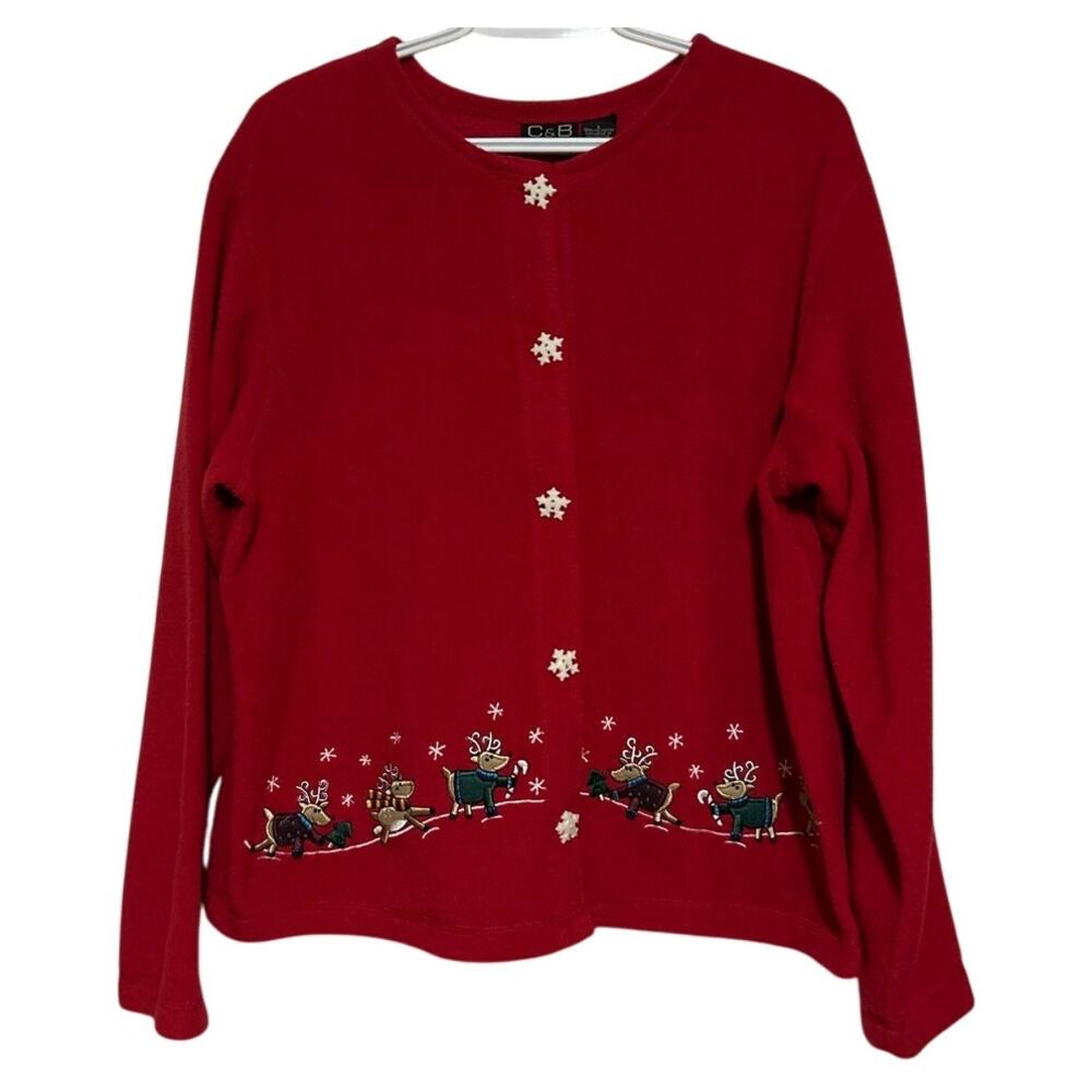 C&B Sports‎ Croft & Barrow Women's Red Christmas Fleece Reindeer Jacket Size L